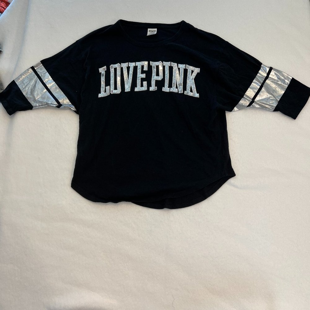 PINK Victoria Secret Black Top silver Sequins Sz L Short Sleeves LOVE PINK